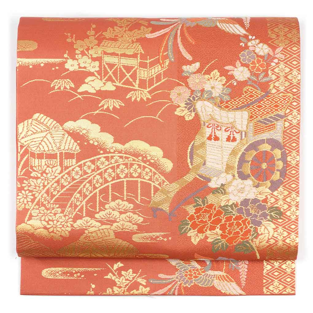 名古屋帯 リサイクル帯 幅31cm 長さ352cm レディース 袷 御所車 秋冬春用 正絹（シルク）ブラウン 未使用品 リメイク リユース【ランクS】