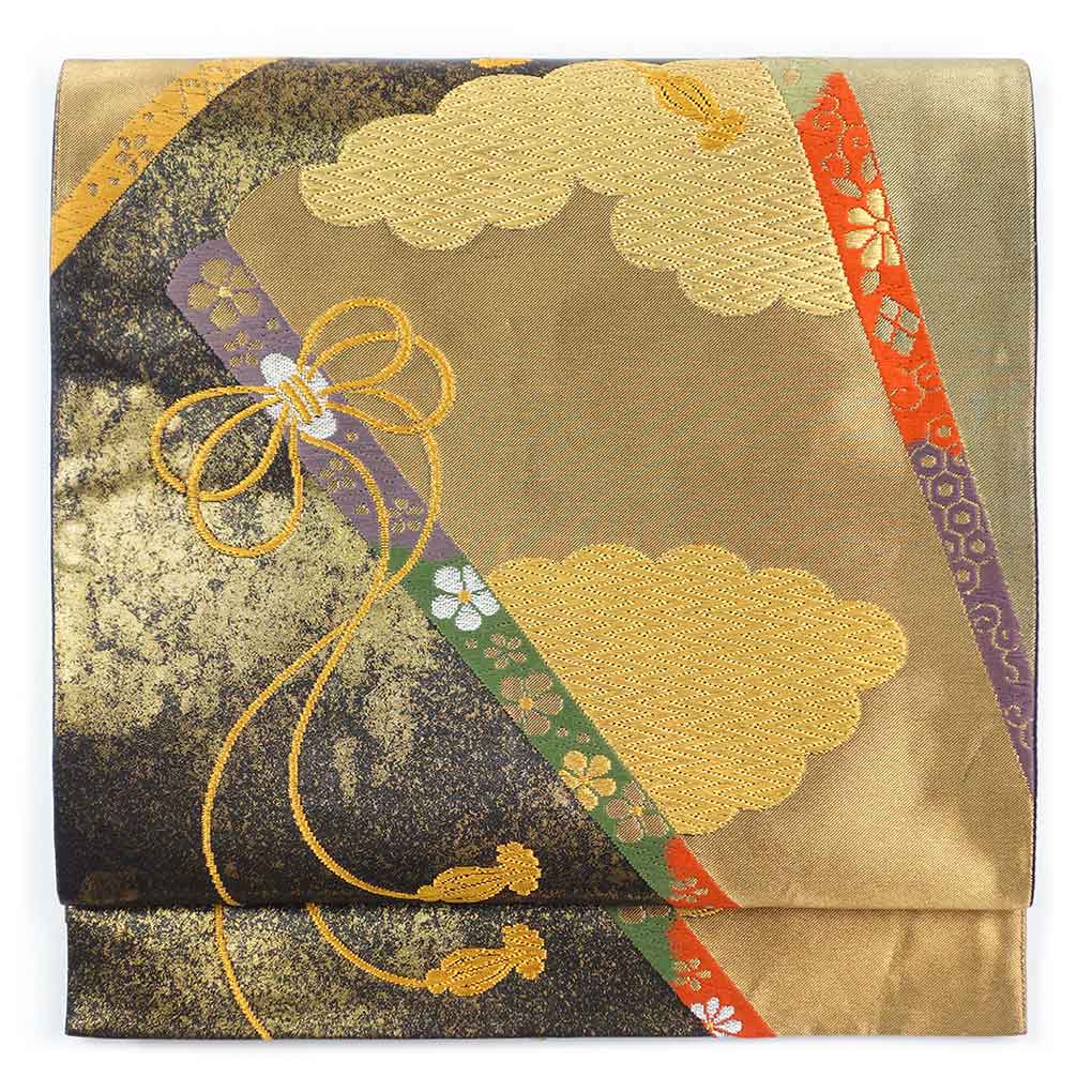 袋帯 リサイクル帯 幅31cm 長さ430cm レディース 雲取り 秋冬春用 正絹（シルク）ブラック 美品 リメイク リユース【ランクA】