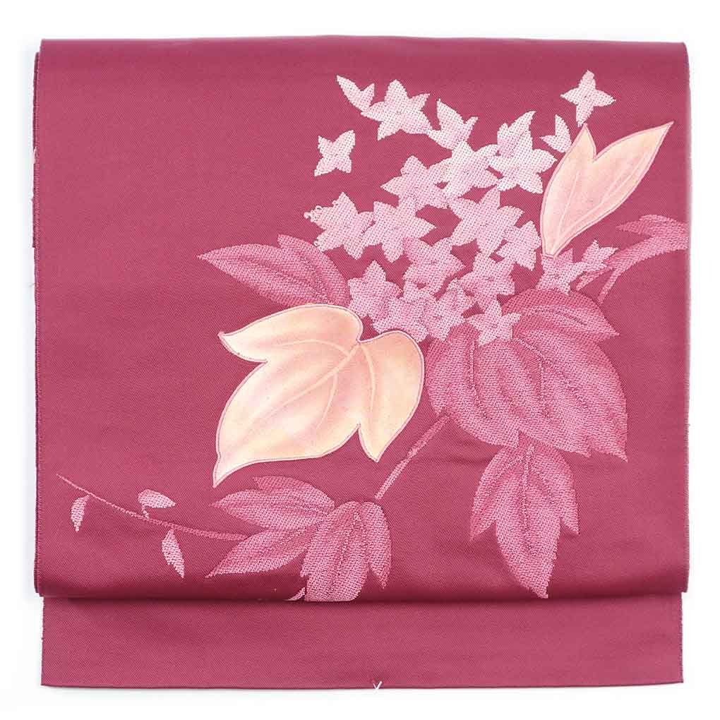 名古屋帯 リサイクル帯 幅30cm 長さ351cm レディース 花柄 秋冬春用 正絹（シルク）レッド 美品 リメイク リユース【ランクA】