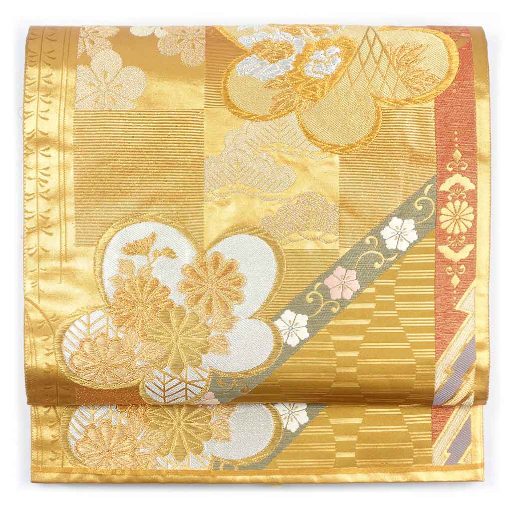 袋帯 リサイクル帯 幅30.5cm 長さ424cm レディース 花柄 秋冬春用 正絹（シルク）ゴールド 美品 リメイク リユース【ランクA】