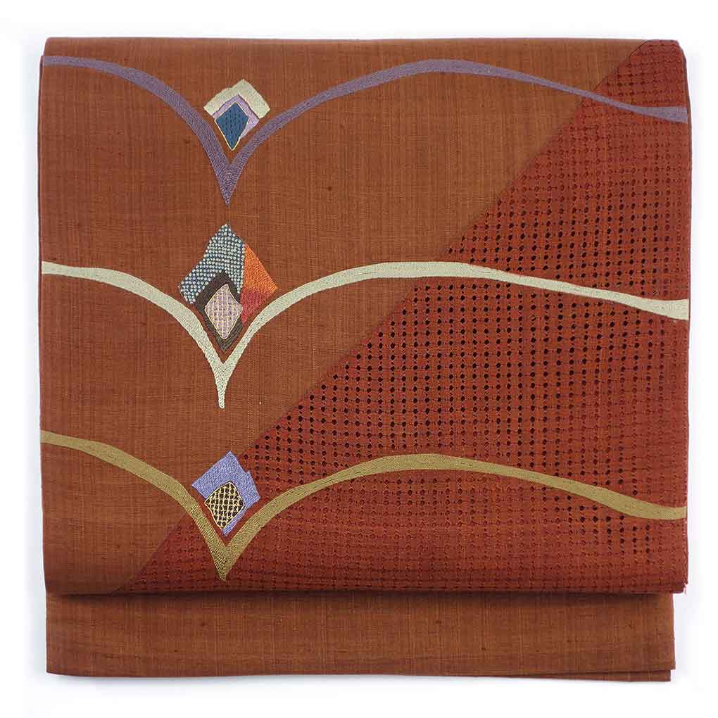 袋帯 リサイクル帯 幅30cm 長さ450cm レディース 抽象柄 秋冬春用 正絹（シルク）ブラウン 美品 リメイク リユース【ランクA】