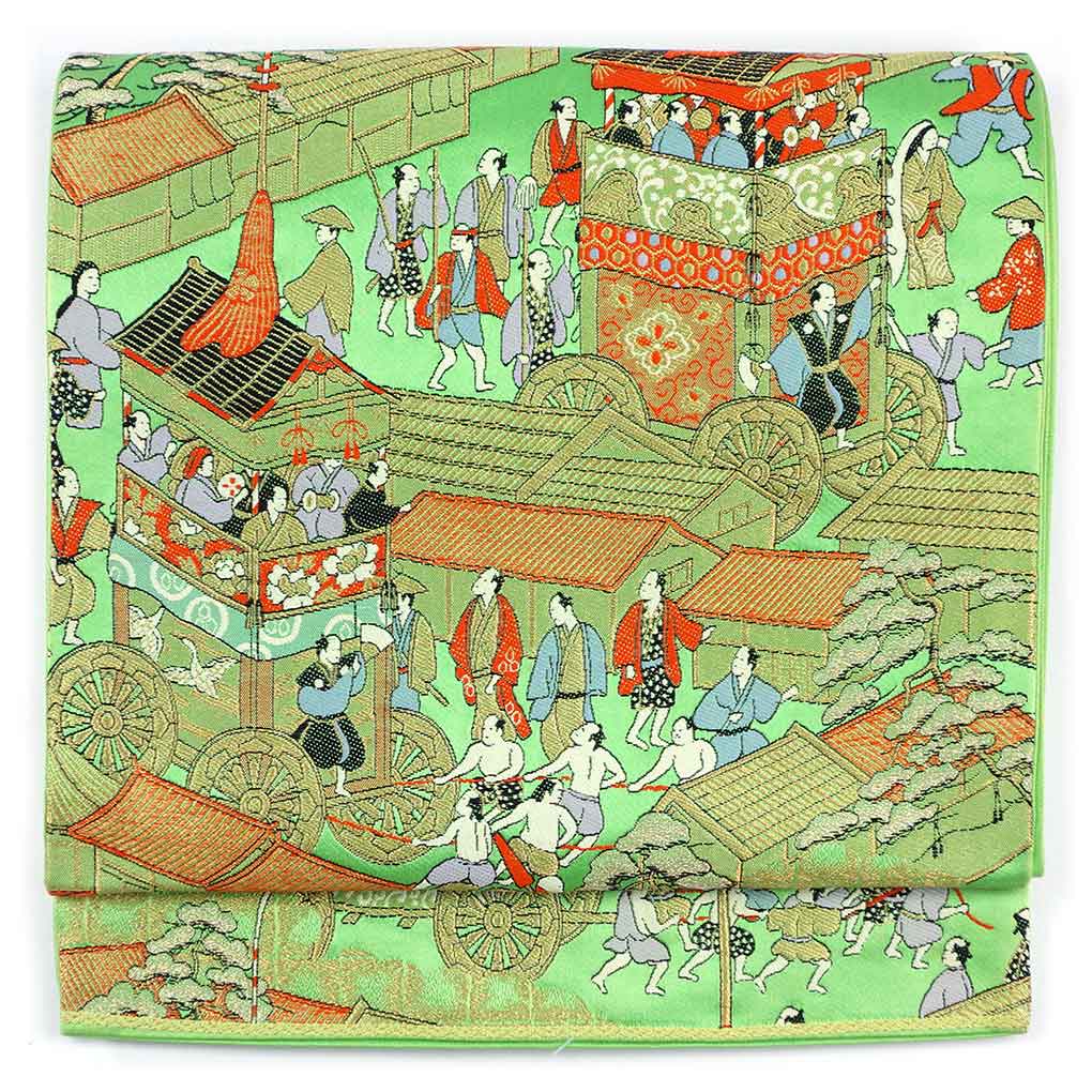 袋帯 リサイクル帯 幅30cm 長さ408cm レディース 祇園祭 秋冬春用 正絹（シルク）グリーン やや難 リメイク リユース【ランクB】