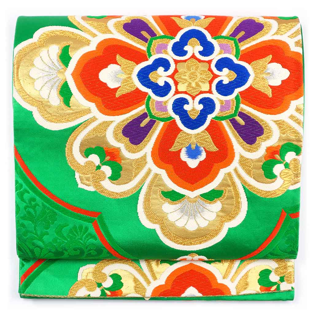 袋帯 リサイクル帯 幅31cm 長さ411cm レディース 花柄 秋冬春用 正絹（シルク）グリーン 美品 リメイク リユース【ランクA】