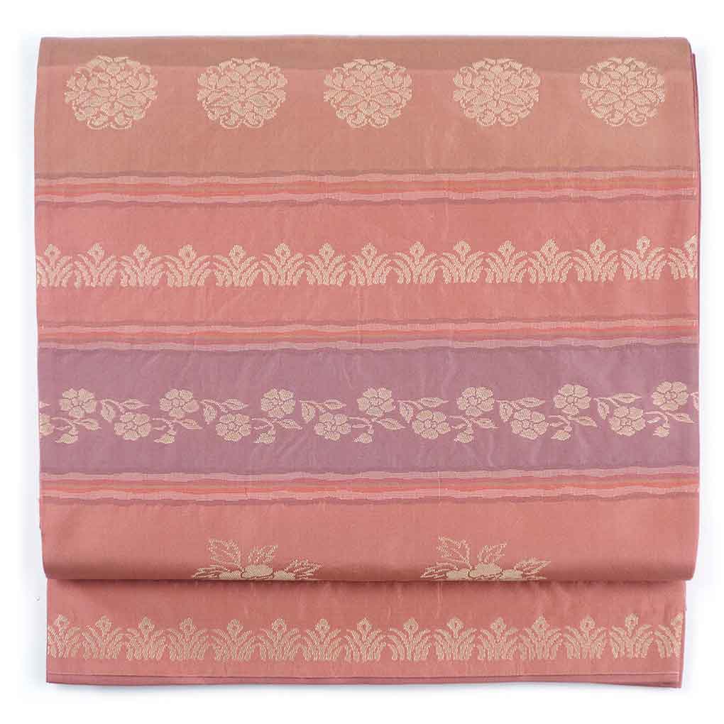 袋帯 リサイクル帯 幅30cm 長さ428cm レディース 横段柄 秋冬春用 正絹（シルク）ピンク 美品 リメイク リユース【ランクA】