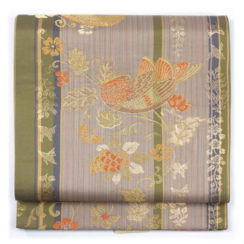 袋帯 リサイクル帯 幅31cm 長さ423cm レディース 鳥柄 秋冬春用 正絹（シルク）ブラウン 美品 リメイク リユース【ランクA】