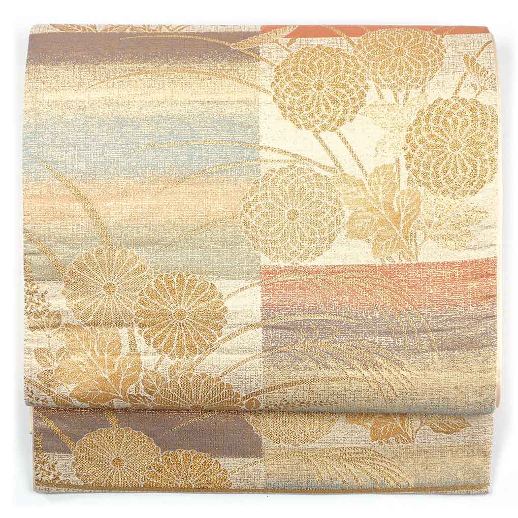 袋帯 リサイクル帯 幅31cm 長さ450cm レディース 花柄 秋冬春用 正絹（シルク）ゴールド 美品 リメイク リユース【ランクA】