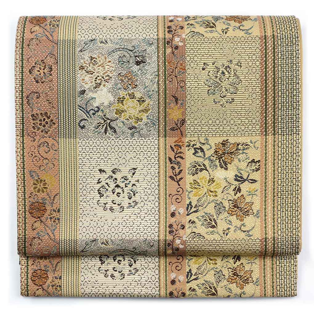 袋帯 リサイクル帯 幅31cm 長さ438cm レディース 更紗 秋冬春用 正絹（シルク）ブラウン 美品 リメイク リユース【ランクA】