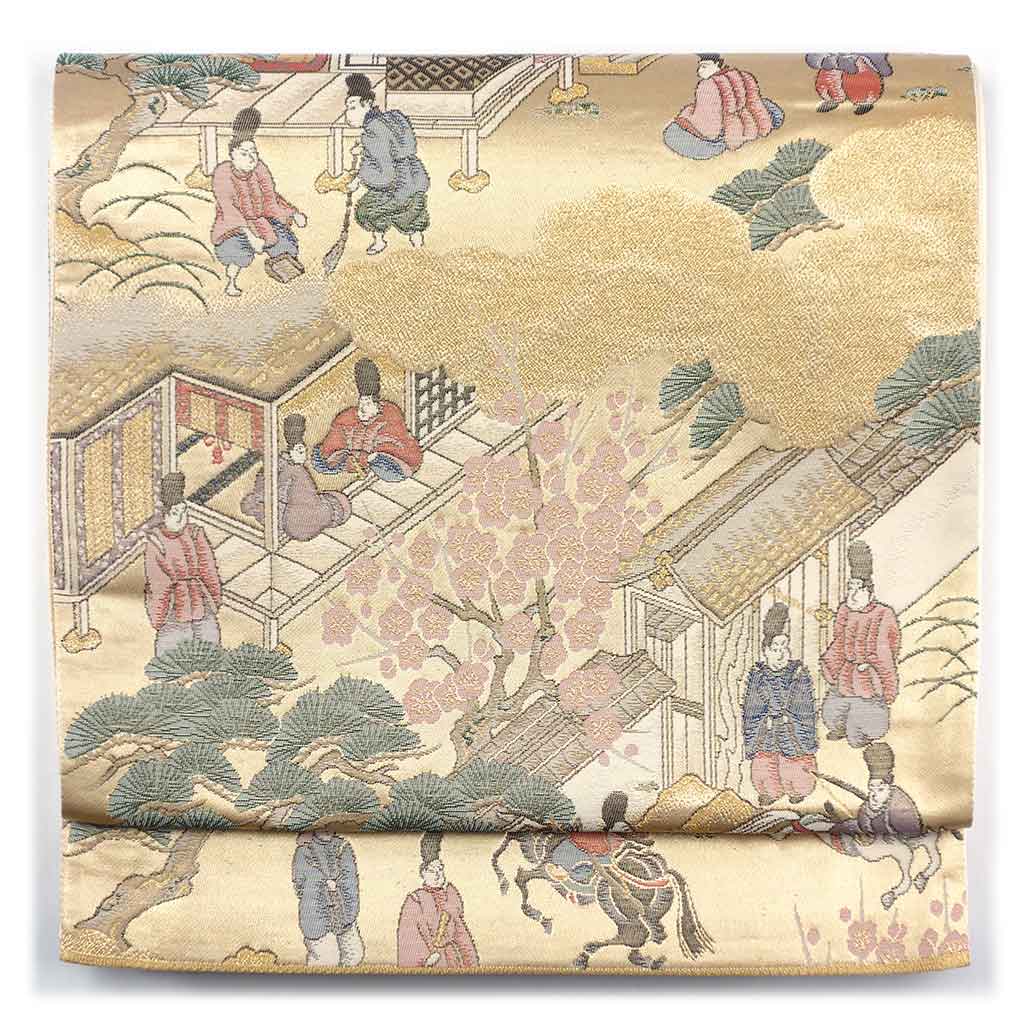 袋帯 リサイクル帯 幅31cm 長さ423cm レディース 宮中柄 秋冬春用 正絹（シルク）ゴールド 美品 リメイク リユース【ランクA】