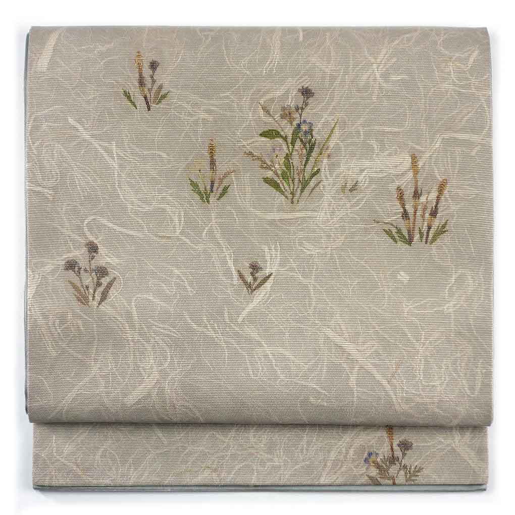 袋帯 リサイクル帯 幅31cm 長さ438cm レディース 植物 秋冬春用 正絹（シルク）グレー 美品 リメイク リユース【ランクA】