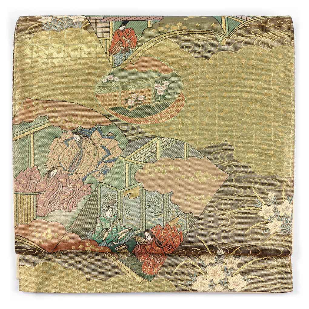 袋帯 リサイクル帯 幅31cm 長さ440cm レディース 宮中柄 秋冬春用 正絹（シルク）ゴールド 未使用品 リメイク リユース【ランクS】