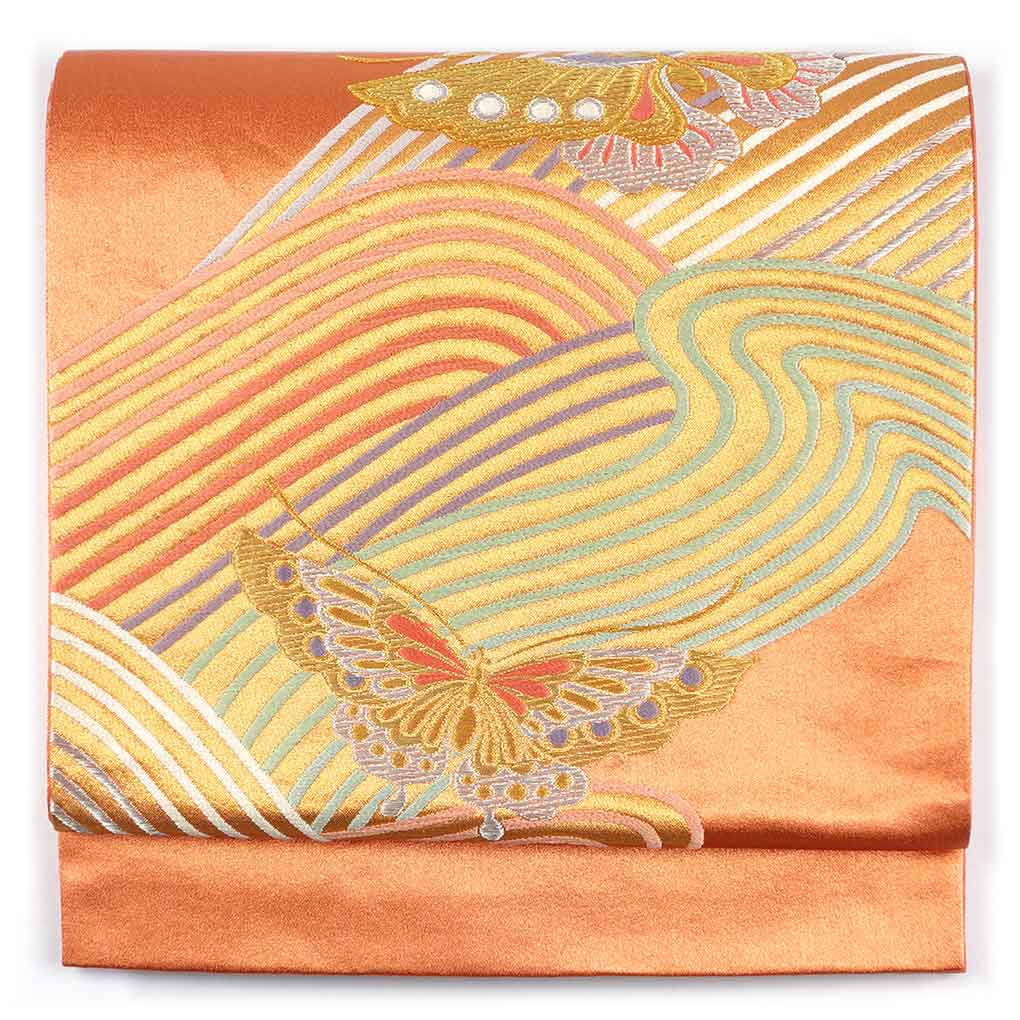 袋帯 リサイクル帯 幅30.5cm 長さ458cm レディース 蝶柄 秋冬春用 正絹（シルク）オレンジ 美品 リメイク リユース【ランクA】