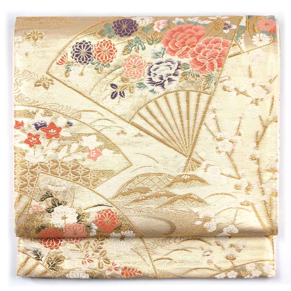 袋帯 リサイクル帯 幅30.5cm 長さ426cm レディース 扇面 秋冬春用 正絹（シルク）ゴールド 美品 リメイク リユース【ランクA】