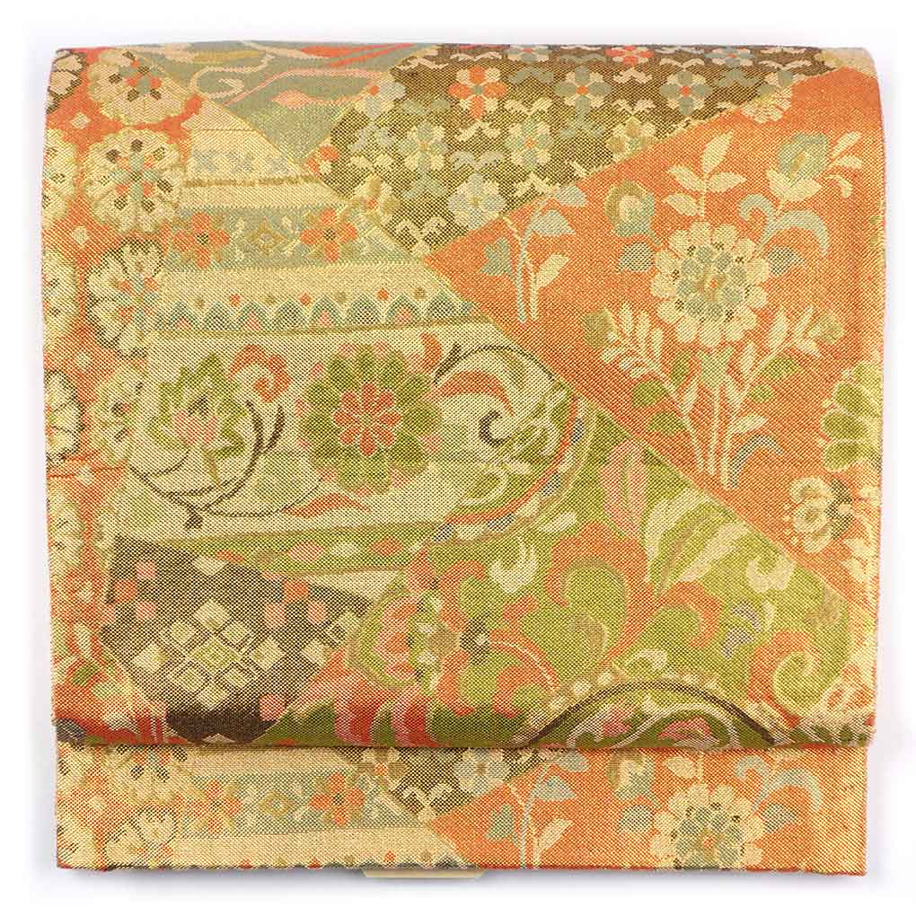 袋帯 リサイクル帯 幅30cm 長さ423cm レディース 花柄 秋冬春用 正絹（シルク）ゴールド 美品 リメイク リユース【ランクA】