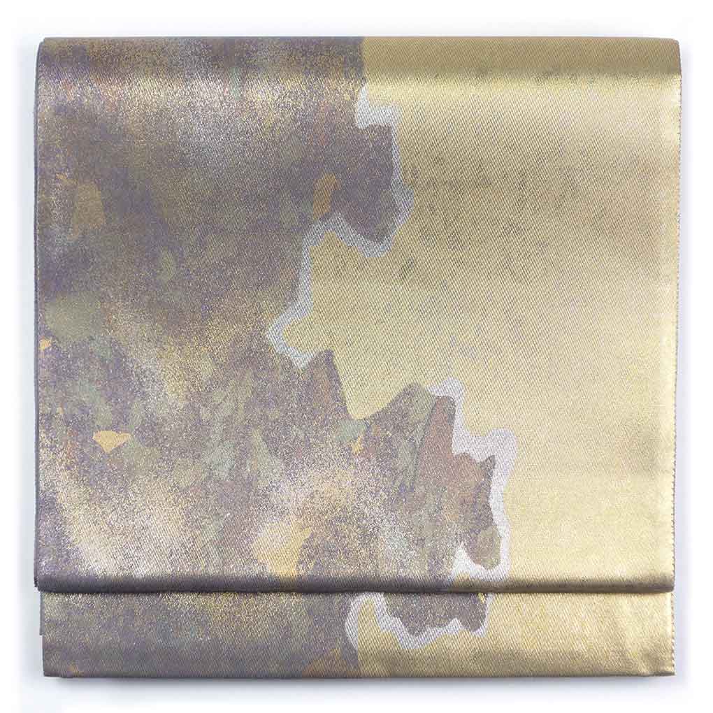 袋帯 リサイクル帯 幅31cm 長さ438cm レディース 抽象柄 秋冬春用 正絹（シルク）ゴールド 未使用品 リメイク リユース【ランクS】