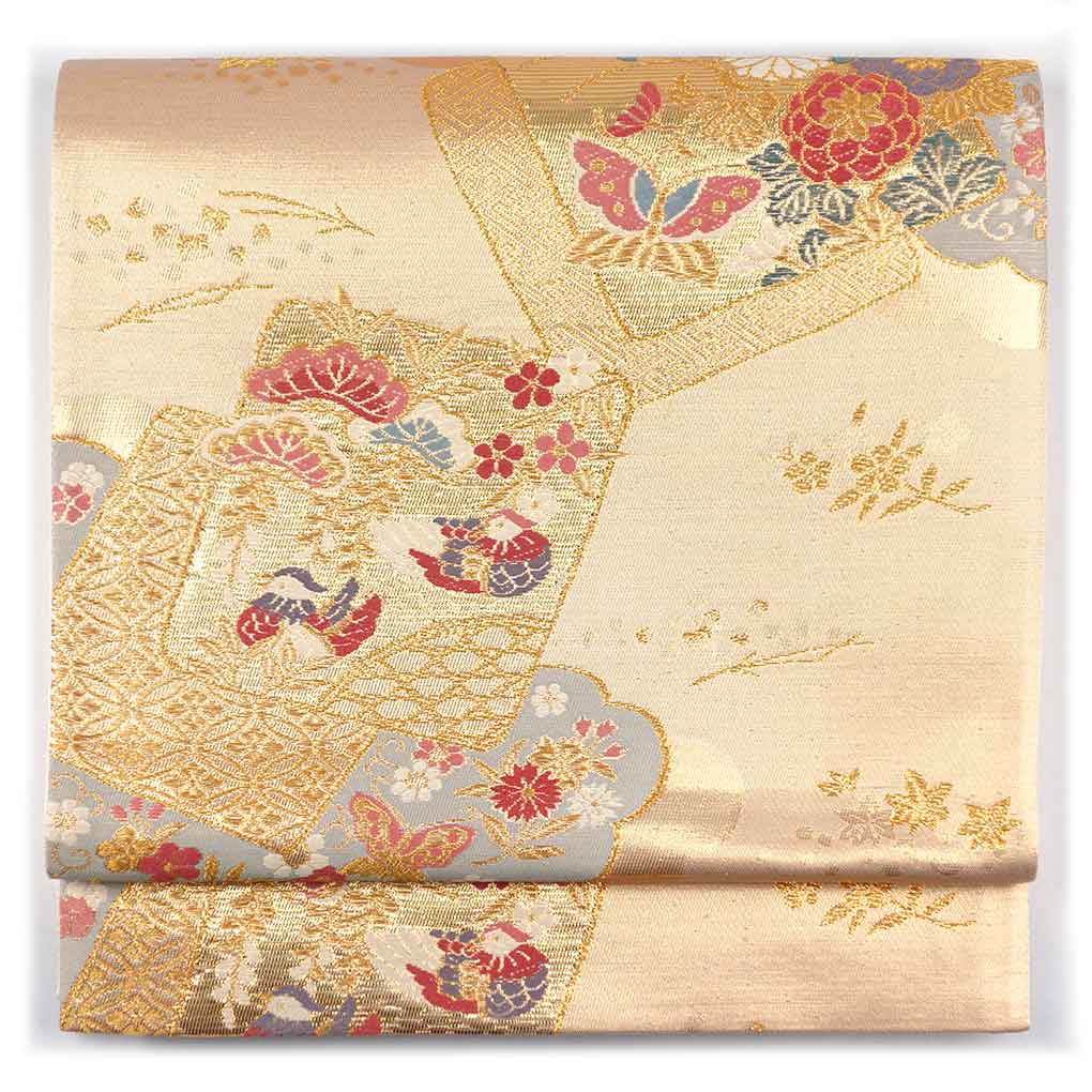 袋帯 リサイクル帯 幅31cm 長さ432cm レディース 鴛鴦 秋冬春用 正絹（シルク）ゴールド 美品 リメイク リユース【ランクA】