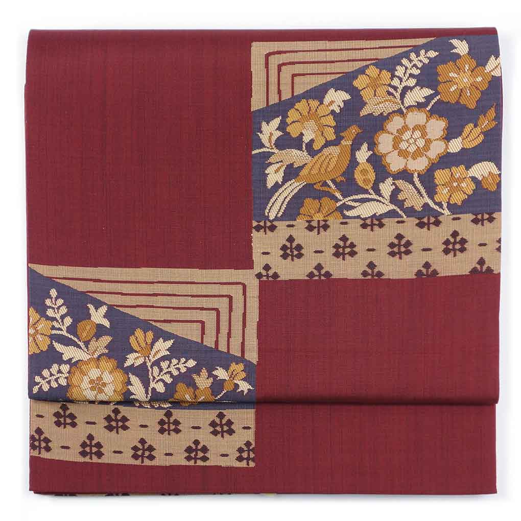 袋帯 リサイクル帯 幅31cm 長さ422cm レディース 花柄 秋冬春用 正絹（シルク）レッド 美品 リメイク リユース【ランクA】