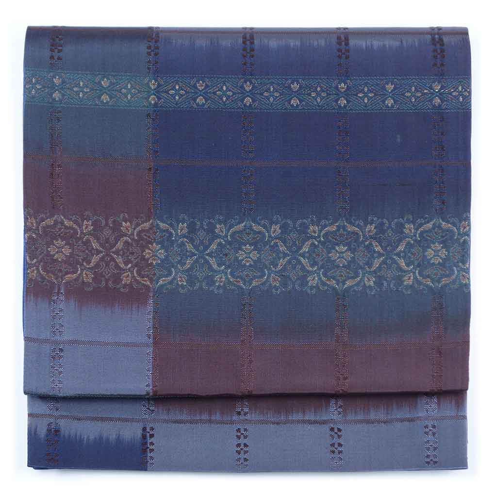 袋帯 リサイクル帯 幅31cm 長さ421cm レディース 横段柄 秋冬春用 正絹（シルク）ネイビー 未使用品 リメイク リユース【ランクS】
