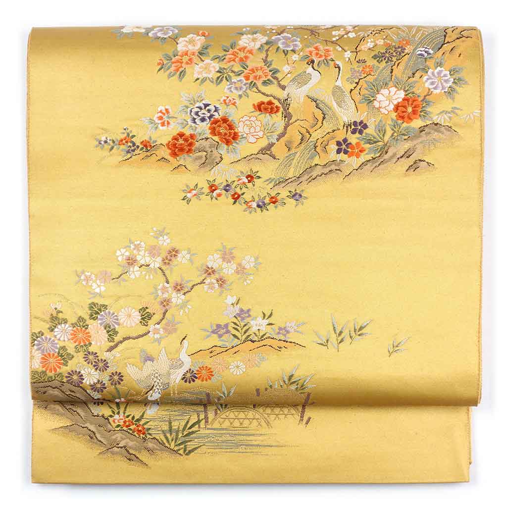 袋帯 リサイクル帯 幅31cm 長さ425cm レディース 花柄 秋冬春用 正絹（シルク）ゴールド 美品 リメイク リユース【ランクA】