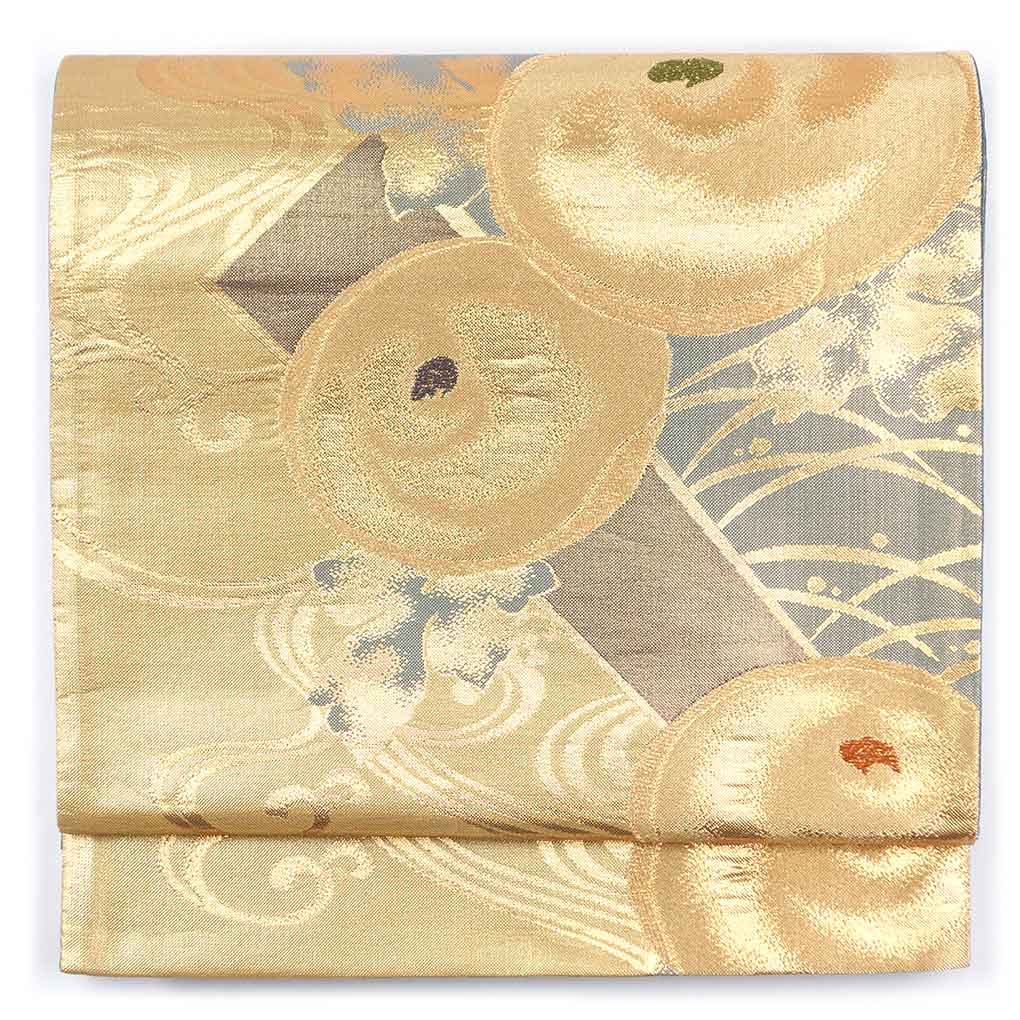 袋帯 リサイクル帯 幅30cm 長さ435cm レディース 流水 秋冬春用 正絹（シルク）ゴールド 美品 リメイク リユース【ランクA】