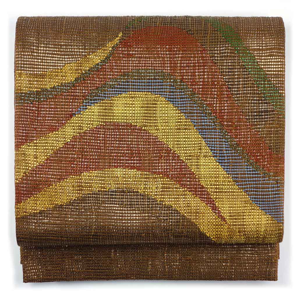 袋帯 リサイクル帯 幅30.5cm 長さ446cm レディース 抽象柄 秋冬春用 正絹（シルク）ブラウン 未使用品 リメイク リユース【ランクS】