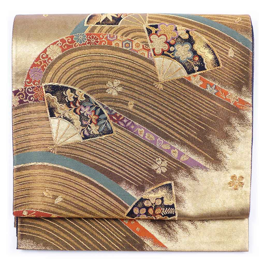 袋帯 リサイクル帯 幅31cm 長さ432cm レディース 扇面 秋冬春用 正絹（シルク）ゴールド 美品 リメイク リユース【ランクA】