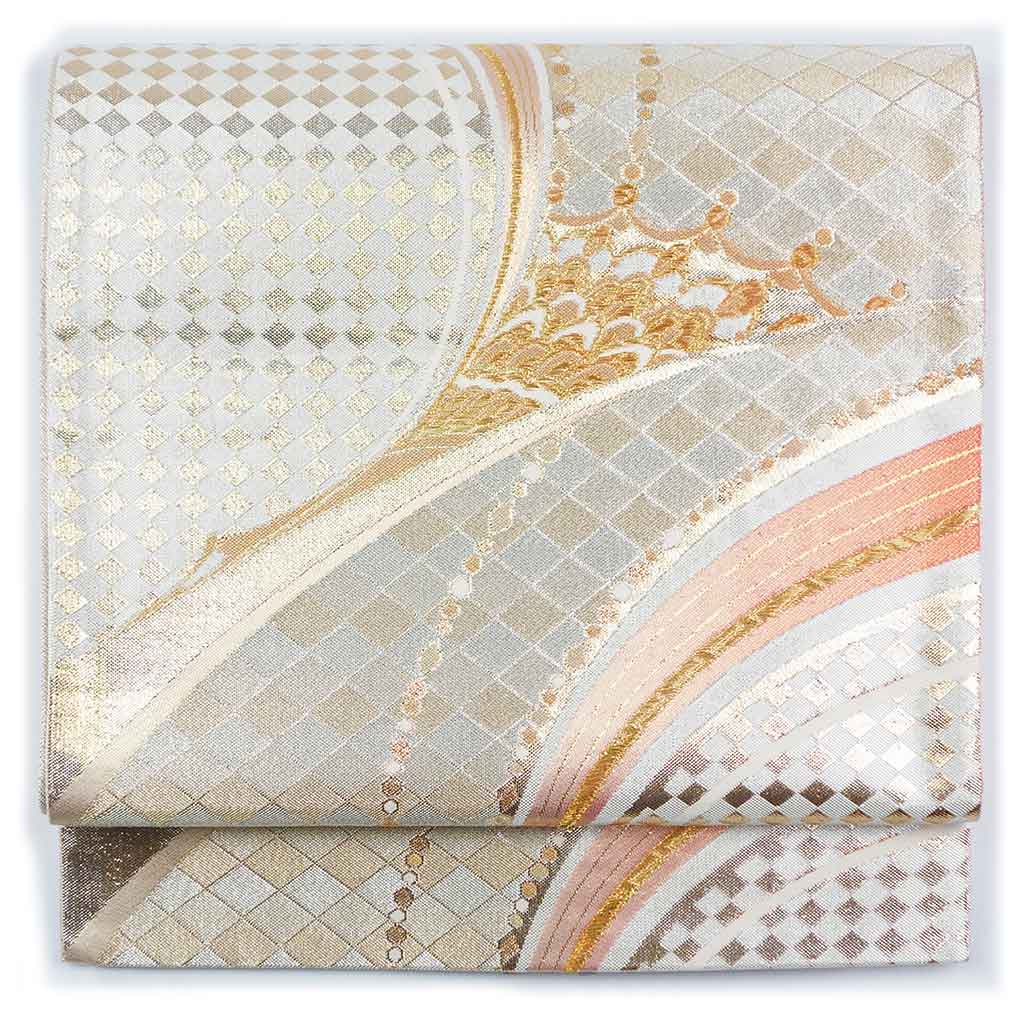 袋帯 リサイクル帯 幅31cm 長さ427cm レディース 抽象柄 秋冬春用 正絹（シルク）ゴールド 美品 リメイク リユース【ランクA】