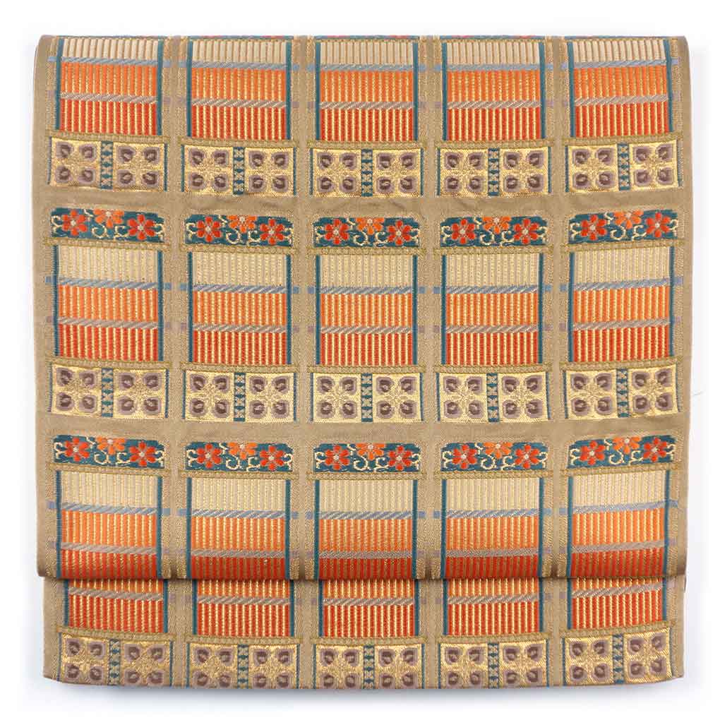 袋帯 リサイクル帯 幅30.5cm 長さ415cm レディース 鎧柄 秋冬春用 正絹（シルク）ブラウン 美品 リメイク リユース【ランクA】