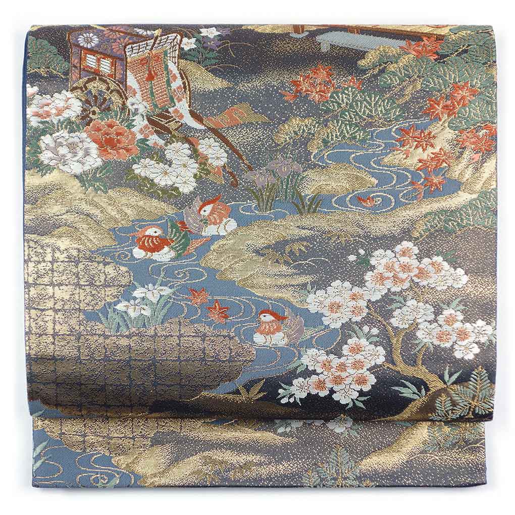 袋帯 リサイクル帯 幅31cm 長さ430cm レディース 御所車 秋冬春用 正絹（シルク）ゴールド 未使用品 リメイク リユース【ランクS】