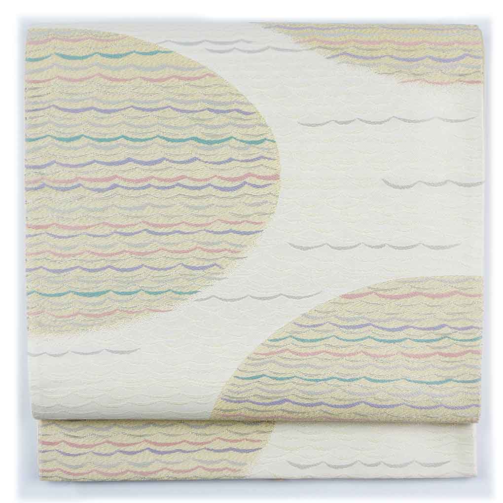 袋帯 リサイクル帯 幅31cm 長さ438cm レディース 露芝 秋冬春用 正絹（シルク）ホワイト 美品 リメイク リユース【ランクA】