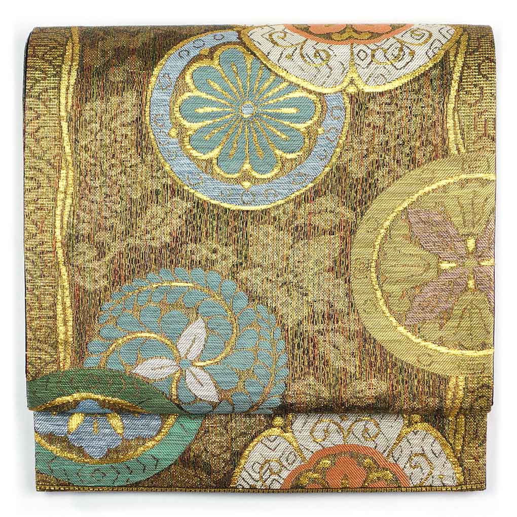 袋帯 リサイクル帯 幅30.5cm 長さ433cm レディース 家紋 秋冬春用 正絹（シルク）ゴールド 未使用品 リメイク リユース【ランクS】