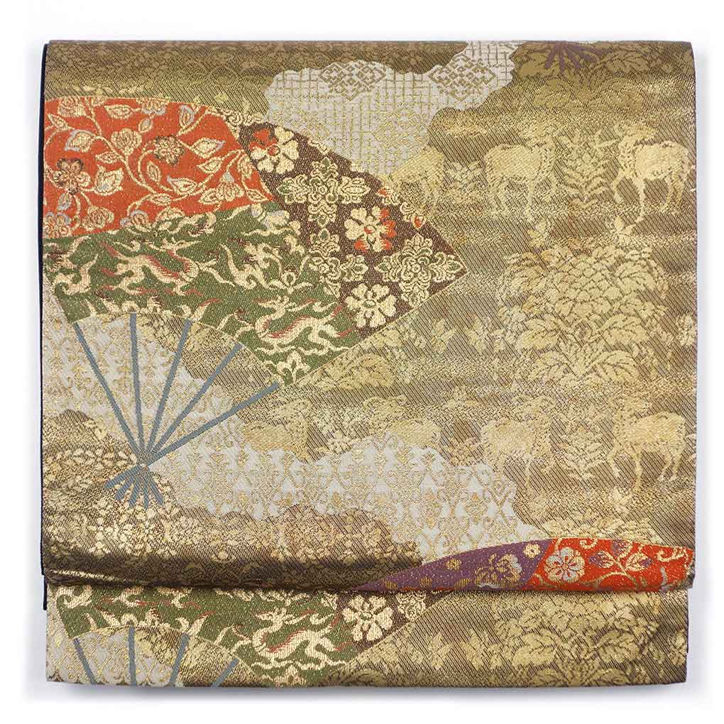 袋帯 リサイクル帯 幅31cm 長さ433cm レディース 扇面 秋冬春用 正絹（シルク）ゴールド 美品 リメイク リユース【ランクA】