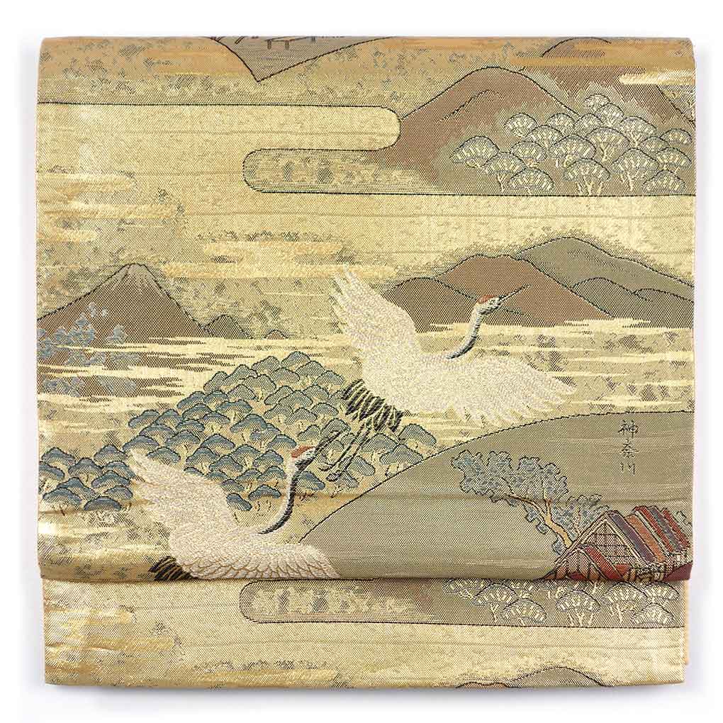 袋帯 リサイクル帯 幅30.5cm 長さ431cm レディース 鶴 秋冬春用 正絹（シルク）ゴールド 美品 リメイク リユース【ランクA】