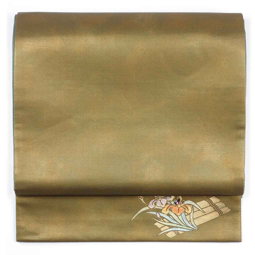 袋帯 リサイクル帯 幅30.5cm 長さ438cm レディース 菖蒲 秋冬春用 正絹（シルク）ゴールド 美品 リメイク リユース【ランクA】