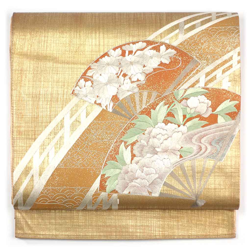 袋帯 リサイクル帯 幅31cm 長さ446cm レディース 花柄 秋冬春用 正絹（シルク）ゴールド 未使用品 リメイク リユース【ランクS】
