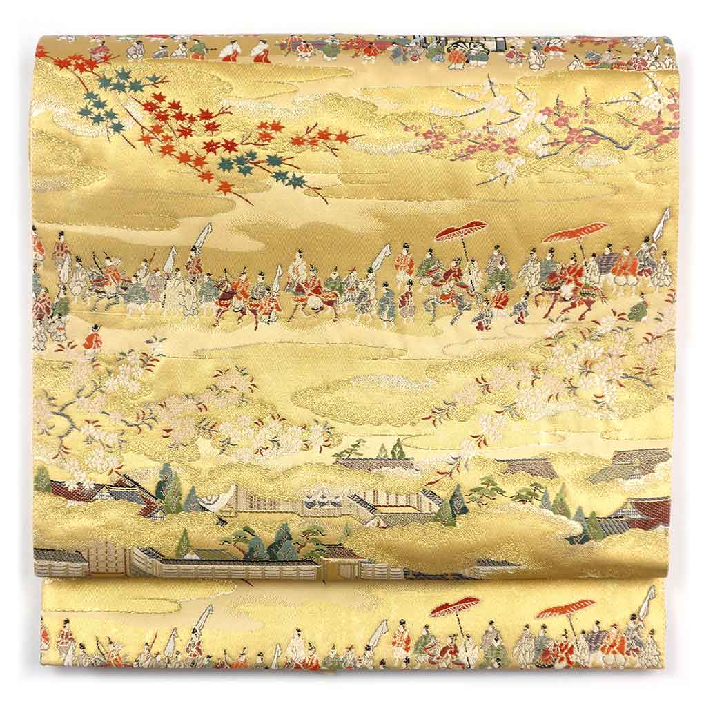 袋帯 リサイクル帯 幅31cm 長さ430cm レディース 大名行列 秋冬春用 正絹（シルク）ゴールド 未使用品 リメイク リユース【ランクS】