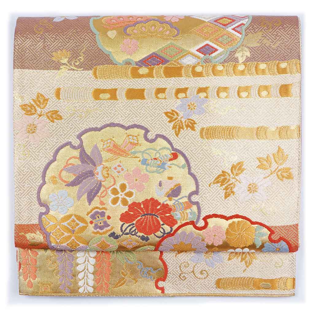 袋帯 リサイクル帯 幅30cm 長さ429cm レディース 雪輪 秋冬春用 正絹（シルク）ゴールド 美品 リメイク リユース【ランクA】