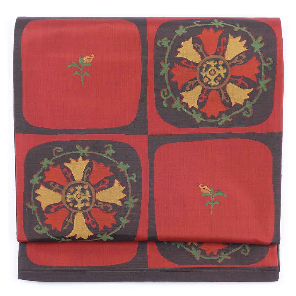 袋帯 リサイクル帯 幅30.5cm 長さ442cm レディース 連続模様 秋冬春用 正絹（シルク）レッド 美品 リメイク リユース【ランクA】