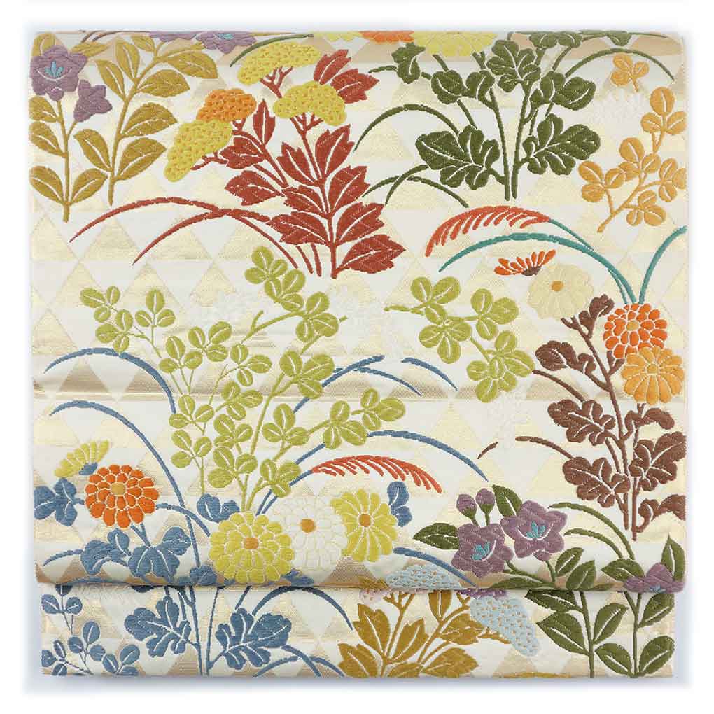 袋帯 リサイクル帯 幅31cm 長さ429cm レディース 刺繍 秋冬春用 正絹（シルク）ベージュ 美品 リメイク リユース【ランクA】