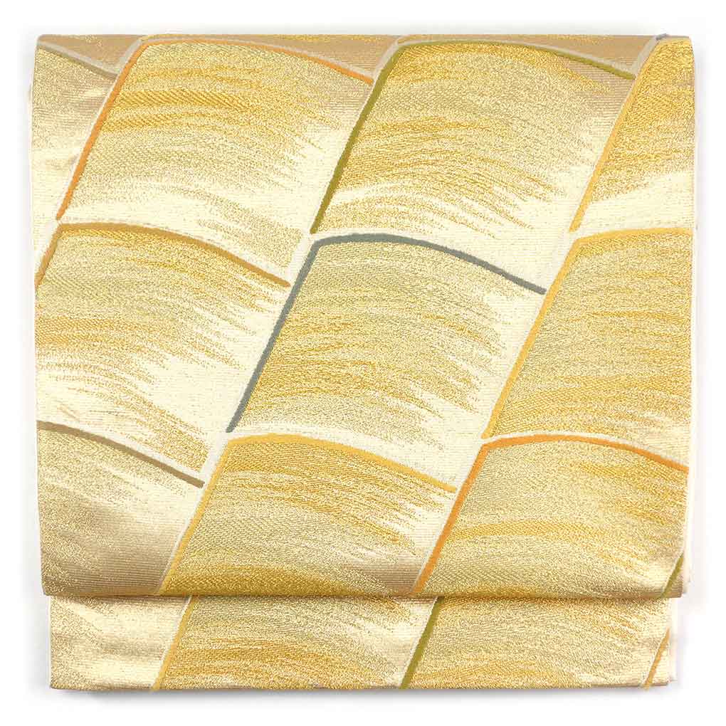 袋帯 リサイクル帯 幅31cm 長さ447cm レディース 連続模様 秋冬春用 正絹（シルク）ゴールド やや難 リメイク リユース【ランクB】