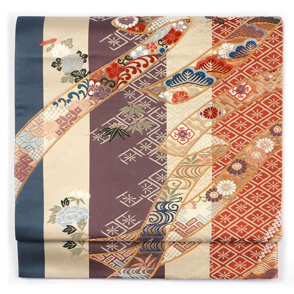 袋帯 リサイクル帯 幅31cm 長さ427cm レディース 花柄 秋冬春用 正絹（シルク）ベージュ 美品 リメイク リユース【ランクA】