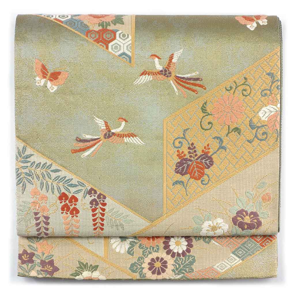 袋帯 リサイクル帯 幅31cm 長さ426cm レディース 鳳凰 秋冬春用 正絹（シルク）ゴールド 美品 リメイク リユース【ランクA】