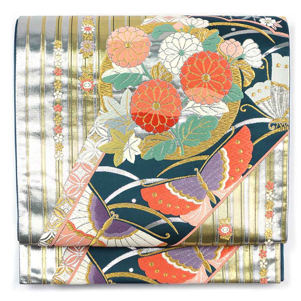 袋帯 リサイクル帯 幅31cm 長さ423cm レディース 花柄 秋冬春用 正絹（シルク）ゴールド 美品 リメイク リユース【ランクA】