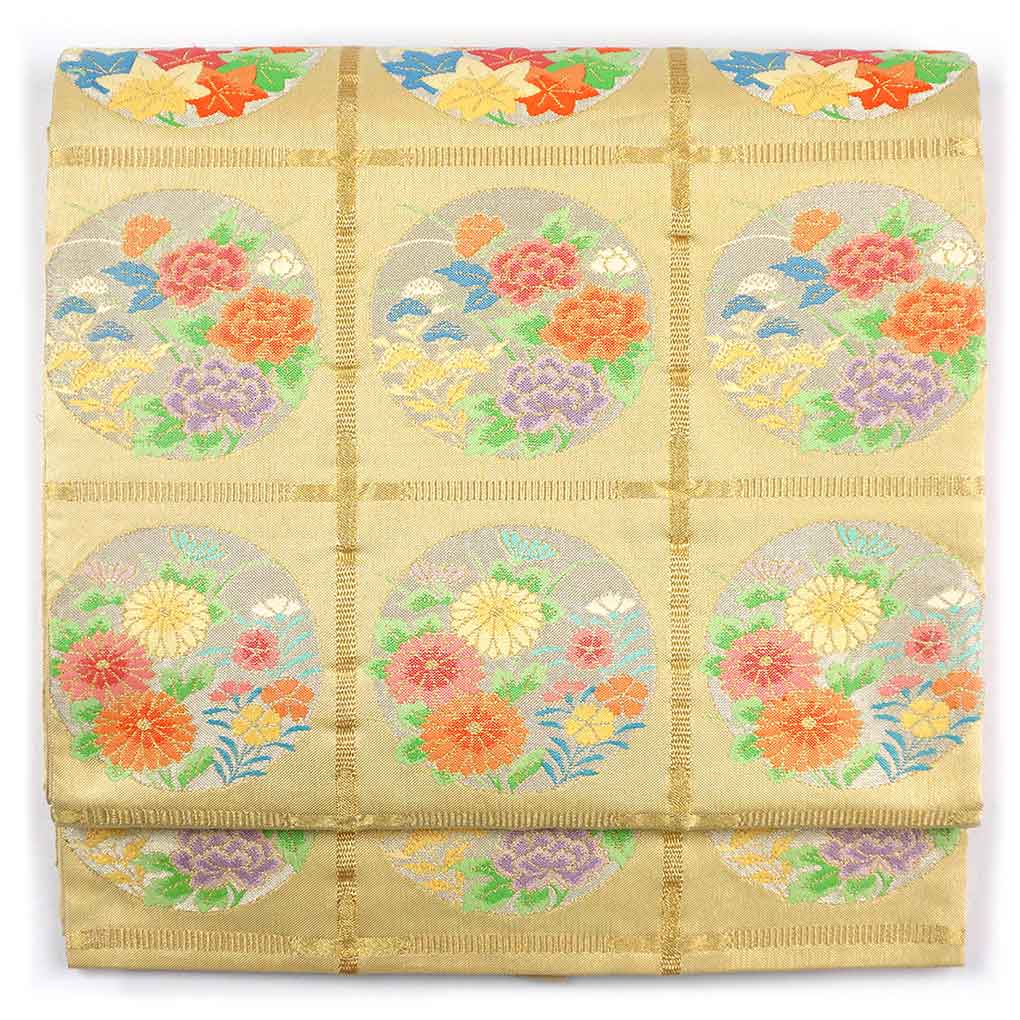 袋帯 リサイクル帯 幅30cm 長さ434cm レディース 花柄 秋冬春用 正絹（シルク）ゴールド 美品 リメイク リユース【ランクA】