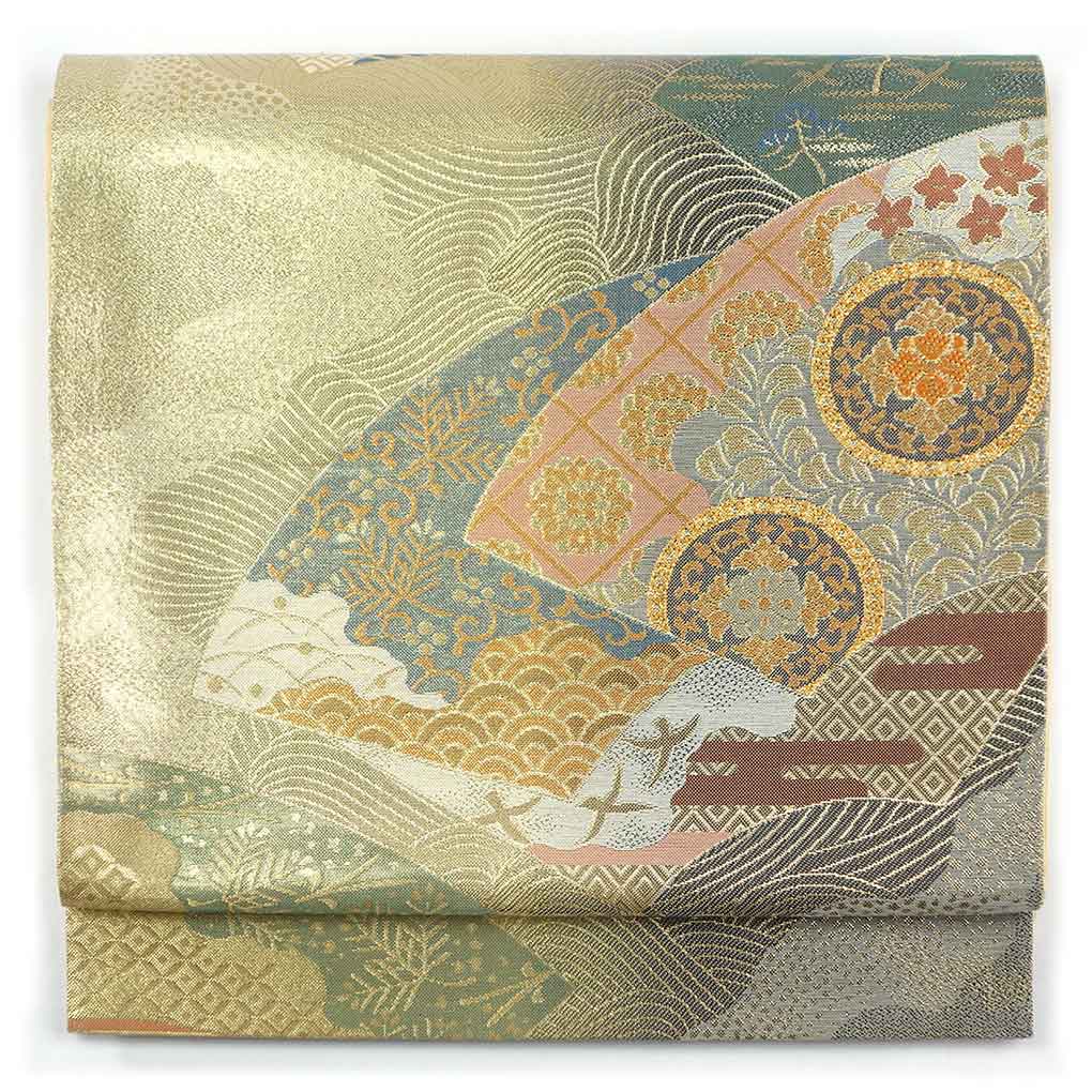 袋帯 リサイクル帯 幅31cm 長さ440cm レディース 扇面 秋冬春用 正絹（シルク）ゴールド 美品 リメイク リユース【ランクA】