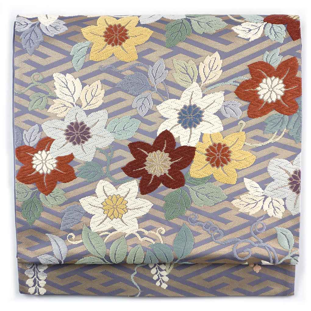 袋帯 リサイクル帯 幅31cm 長さ434cm レディース 桔梗 秋冬春用 正絹（シルク）グレー 美品 リメイク リユース【ランクA】