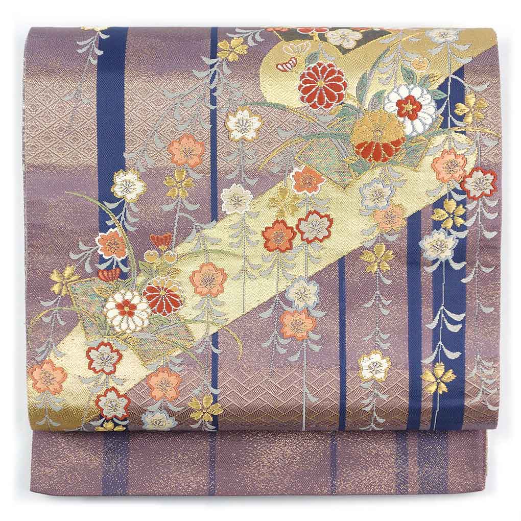 袋帯 リサイクル帯 幅31cm 長さ452cm レディース 花柄 秋冬春用 正絹（シルク）パープル 未使用品 リバーシブル リメイク リユース【ランクS】