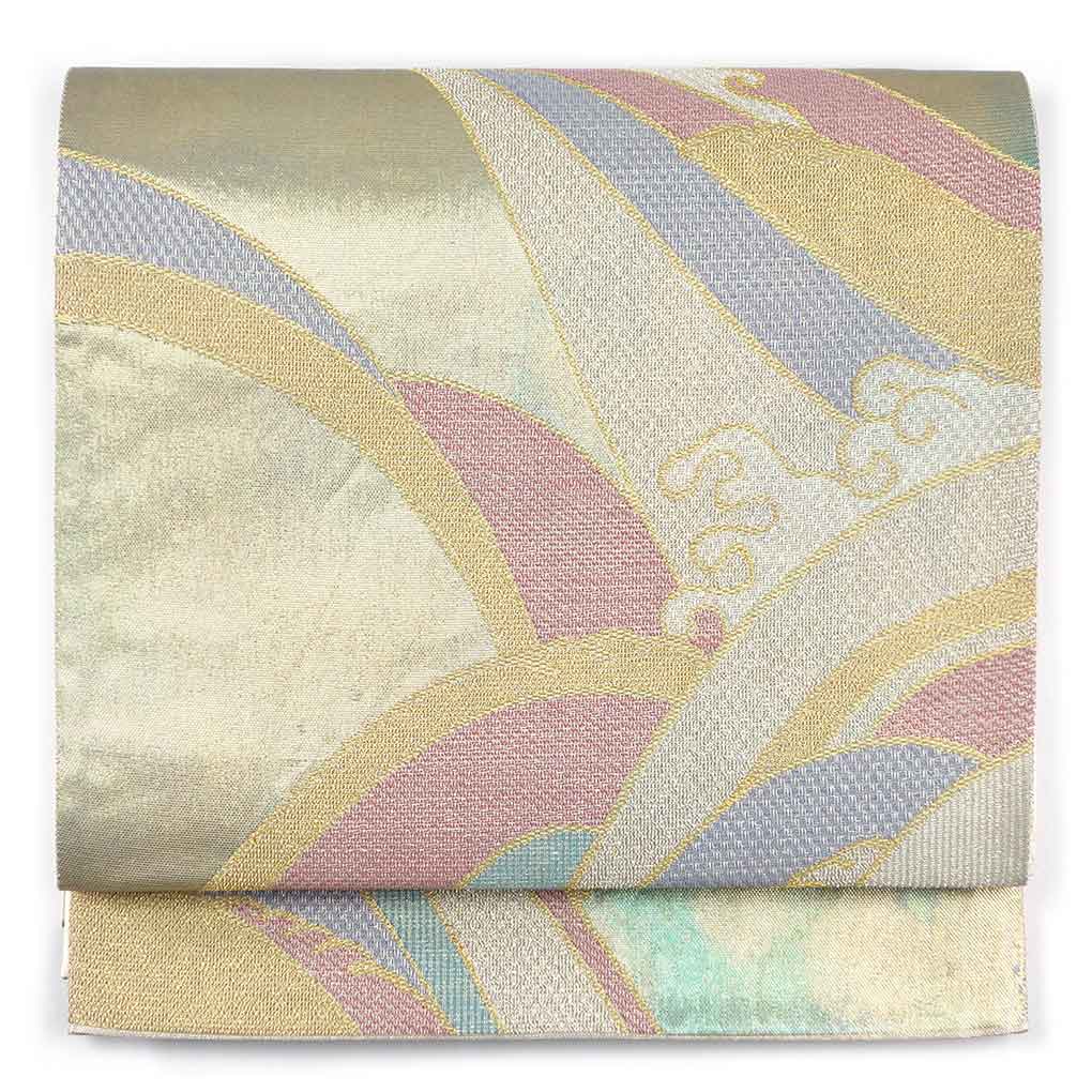 袋帯 リサイクル帯 幅30cm 長さ440cm レディース 波頭 秋冬春用 正絹（シルク）ゴールド 美品 リメイク リユース【ランクA】