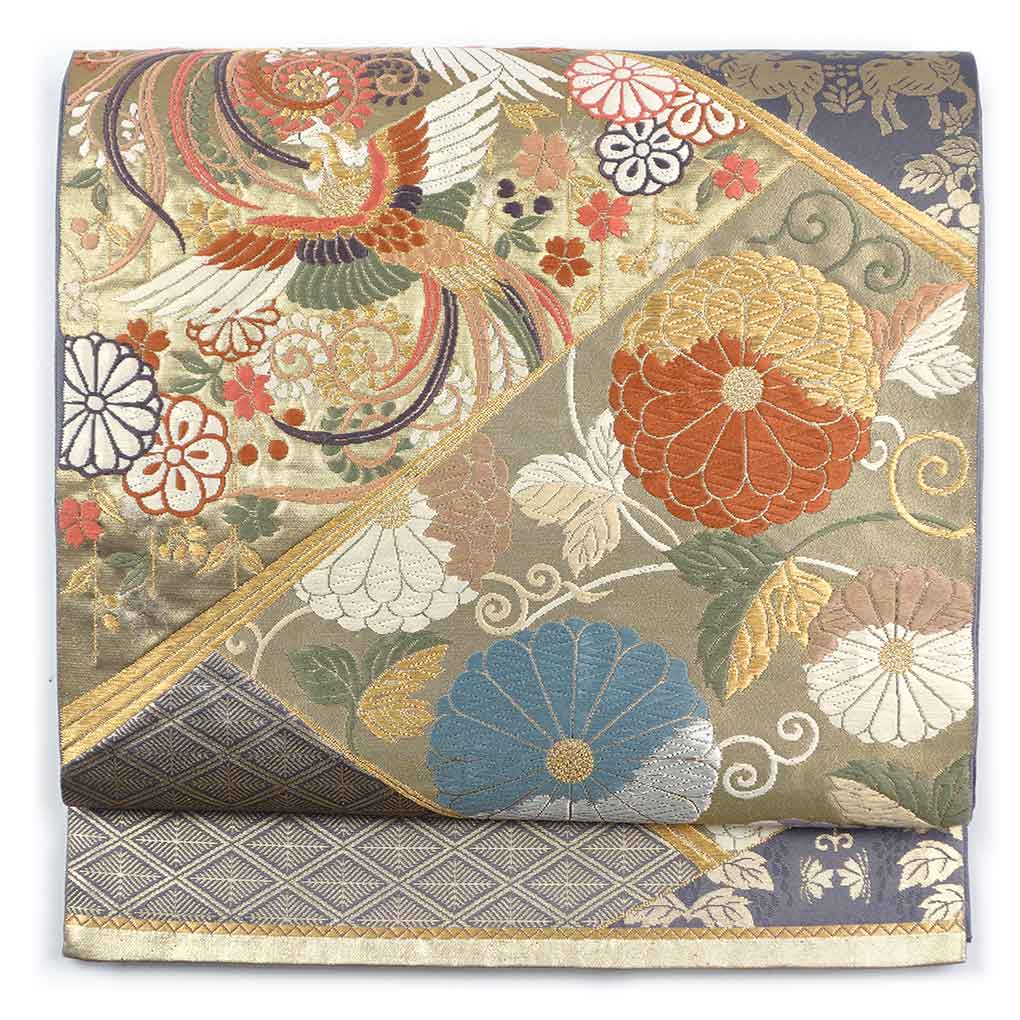 袋帯 リサイクル帯 幅31cm 長さ430cm レディース 花柄 秋冬春用 正絹（シルク）ゴールド 美品 リメイク リユース【ランクA】