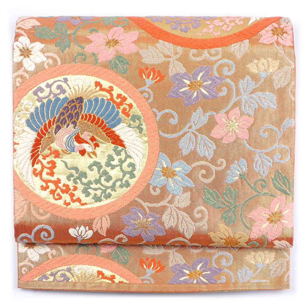 袋帯 リサイクル帯 幅31cm 長さ436cm レディース 鳳凰 秋冬春用 正絹（シルク）オレンジ 美品 リメイク リユース【ランクA】