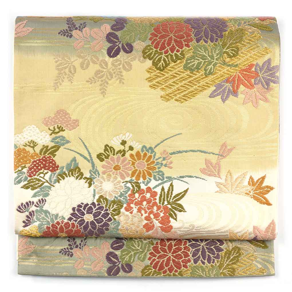 袋帯 リサイクル帯 幅31cm 長さ433cm レディース 花筏 秋冬春用 正絹（シルク）ゴールド 美品 リメイク リユース【ランクA】